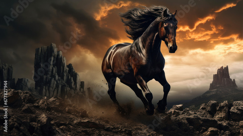 Black horse in the desert. Fantasy landscape. © Alex