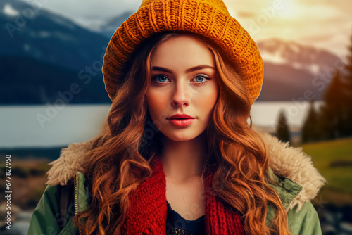 A young woman with wavy hair wearing a mustard beanie and red scarf outdoors with mountains in the background.