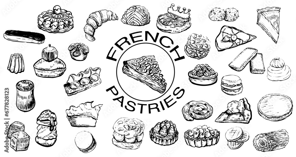 Set of varieties of French pastries ink vector illustration, croissant, macaroons, galette des rois, eclair, saint-honoré, crêpes, pie, Chouquettes, sablés, financiers 
