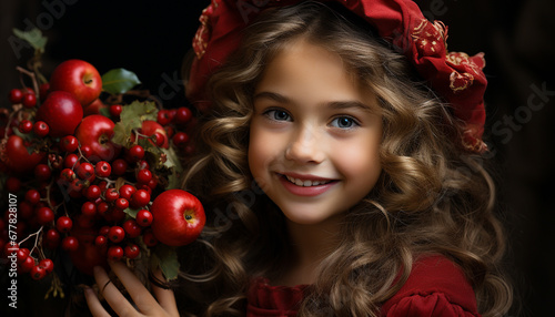 Smiling cute girl with curly hair holding gift generated by AI
