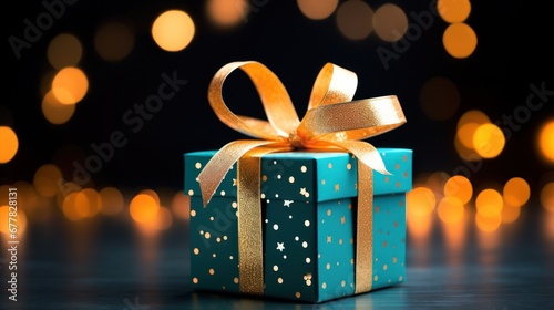 Set on a blue bokeh background, a blue gift box is embellished with a golden bow and confetti.