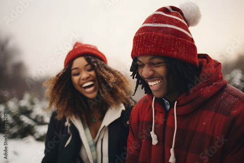 Beautiful couple in winter clothes having fun at Christmas parties
