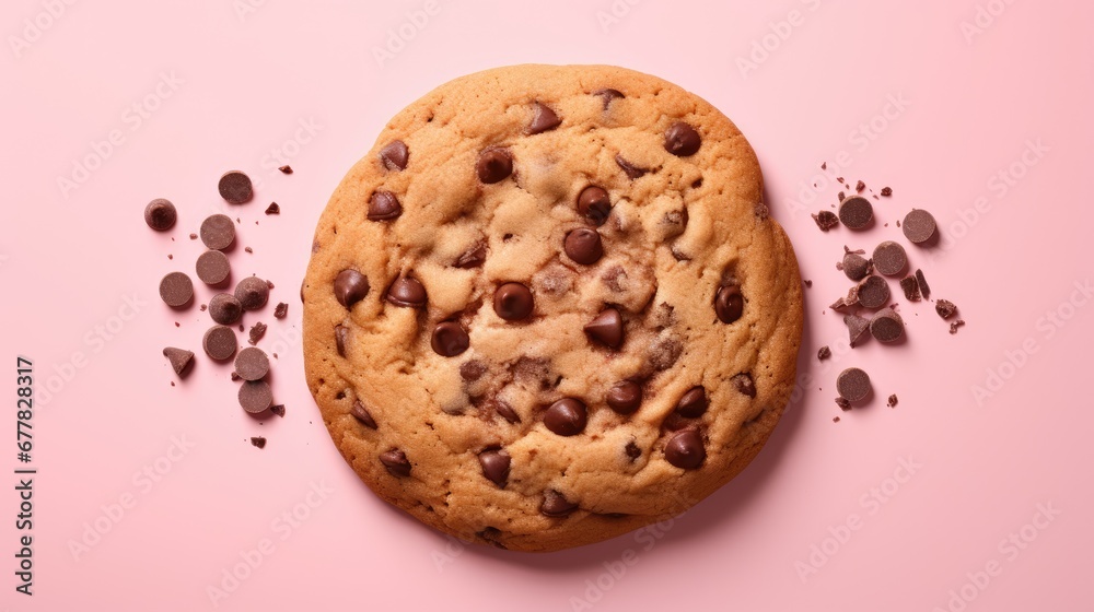 a chocolate chip cookie sitting on top of a pink surface with chocolate chips scattered on the side of the cookie. a chocolate chip cookie sitting on top of a pink surface with chocolate chips scattered on the side of the cookie.
