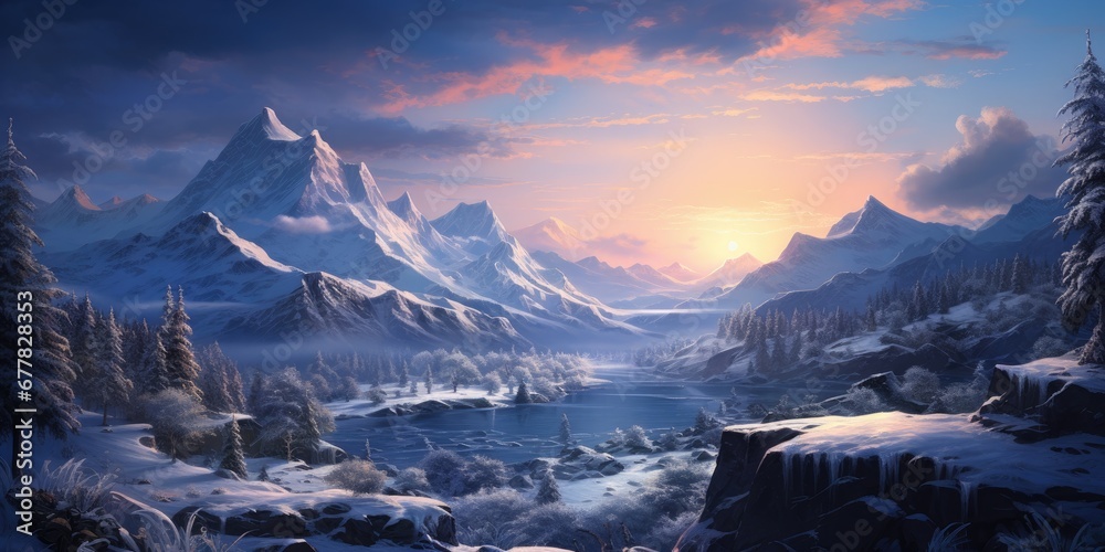  Winter snowy landscape, winter sunset. Merry Christmas. Generative AI