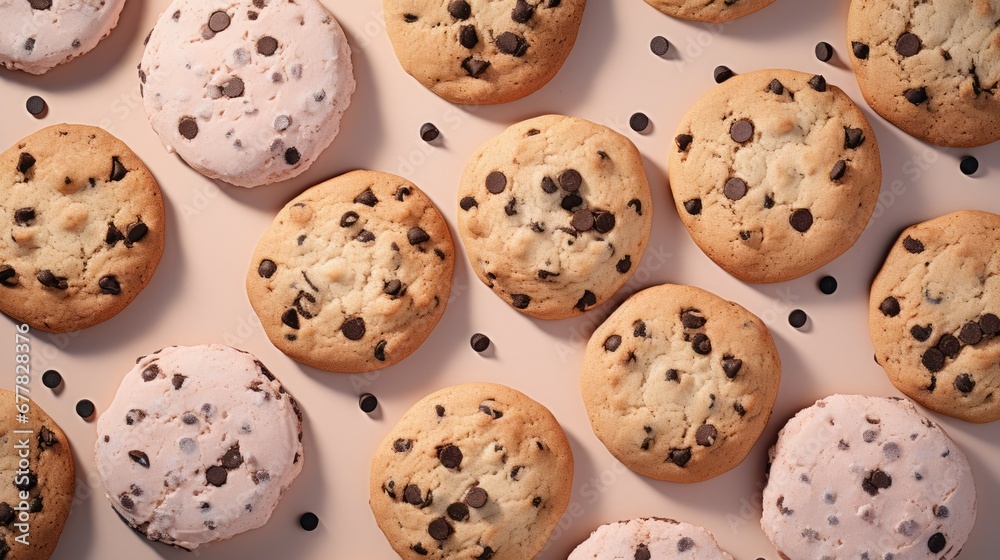 a close up of a box of cookies and muffins with white frosting and chocolate chips on top.