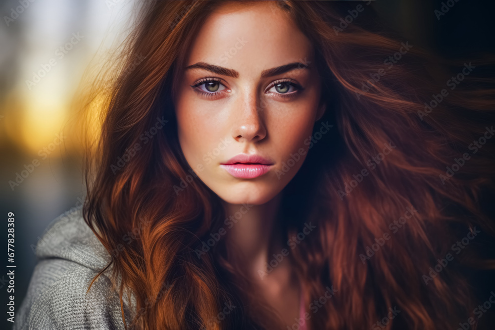 The photo depicts a close-up portrait of a woman with flowing auburn hair and striking features, including prominent eyebrows, intense eyes, and full lips - obrazy, fototapety, plakaty 