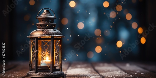A beautiful Christmas lantern glows on a snowy wooden background. The concept of a magical holiday atmosphere. © 22_monkeyzzz