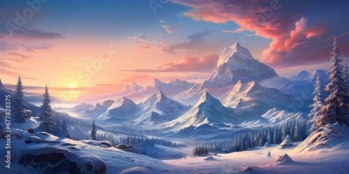  Winter snowy landscape, winter sunset. Merry Christmas. Generative AI