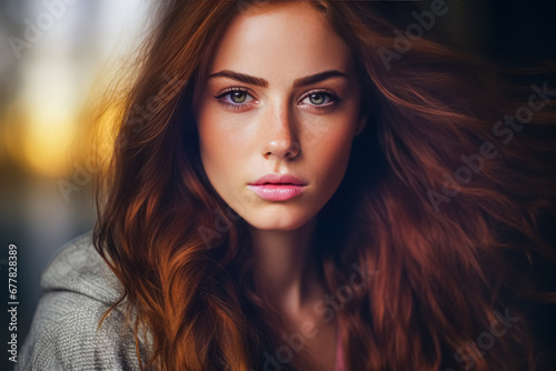 The photo depicts a close-up portrait of a woman with flowing auburn hair and striking features, including prominent eyebrows, intense eyes, and full lips
