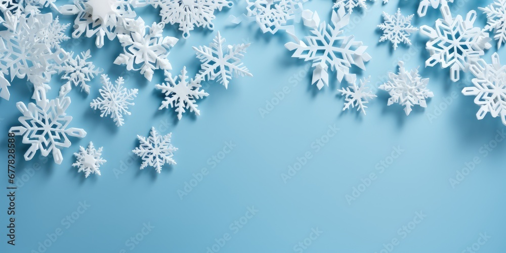 Paper white snowflakes on a blue background, space for text, Christmas shot. Generative AI Paper white snowflakes on a blue background, space for text, Christmas shot. Generative AI