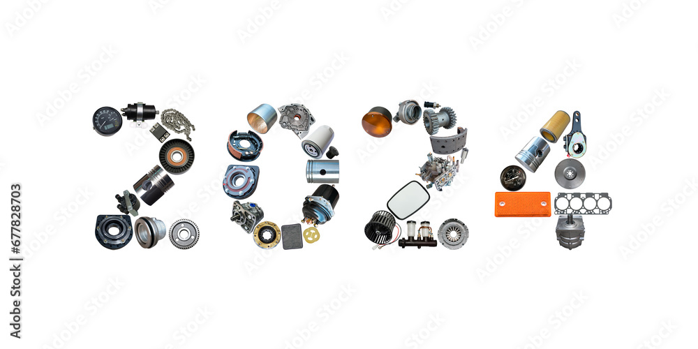 Number 2024 written with truck, tractors and car spare parts. New year concept for repair shop, workshop, diy isolated on white background. Banner. - obrazy, fototapety, plakaty 