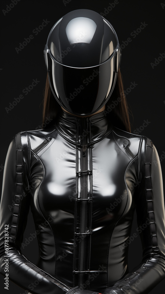 Frau Anonym in sexy schwarzen Cat Woman Leder Motorrad Outfit mit Helm im Hochformat für Banner, ai generativ Frau Anonym in sexy schwarzen Cat Woman Leder Motorrad Outfit mit Helm im Hochformat für Banner, ai generativ