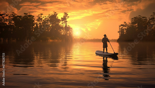 Men rowing a canoe at sunset, enjoying a tranquil outdoor activity generated by AI