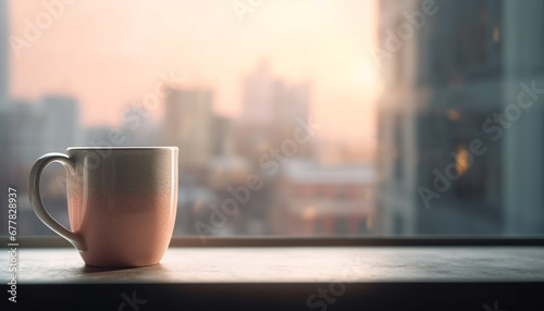 Coffee cup on wooden table, steam rising, cityscape background generated by AI