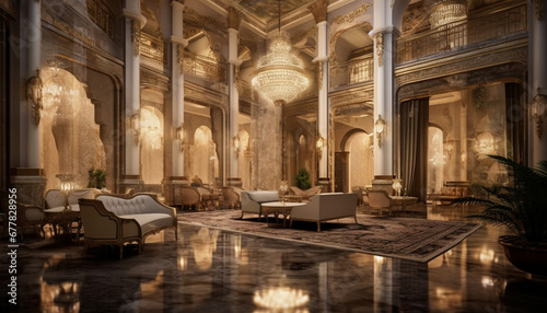 Luxury domestic room with elegant decoration, modern design, and illuminated arch generated by AI