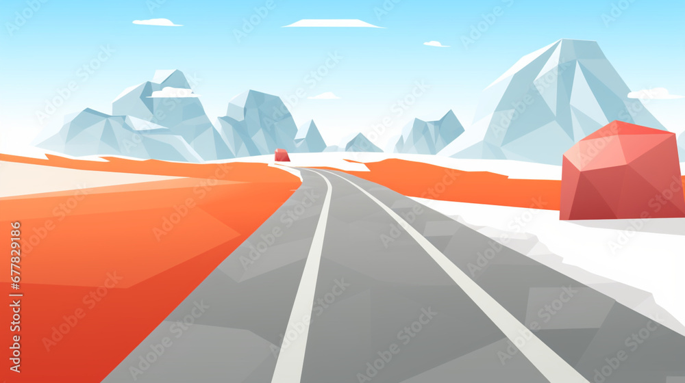 Illustration minimaliste et vectorielle d'un paysage coloré. Montagne, route, ciel. Espace pour conception et création graphique.