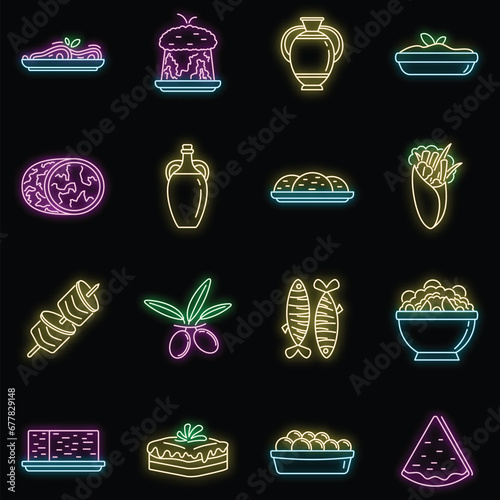 Greek cuisine food icons set. Outline set of Greek cuisine food vector icons neon color on black