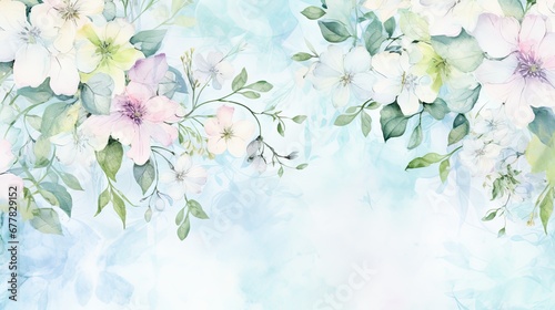  a watercolor painting of white and pink flowers on a blue background with a place for your text or image.