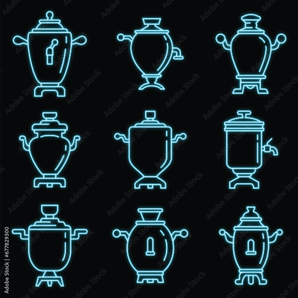 Russian samovar icons set. Outline set of russian samovar vector icons neon color on black Russian samovar icons set. Outline set of russian samovar vector icons neon color on black