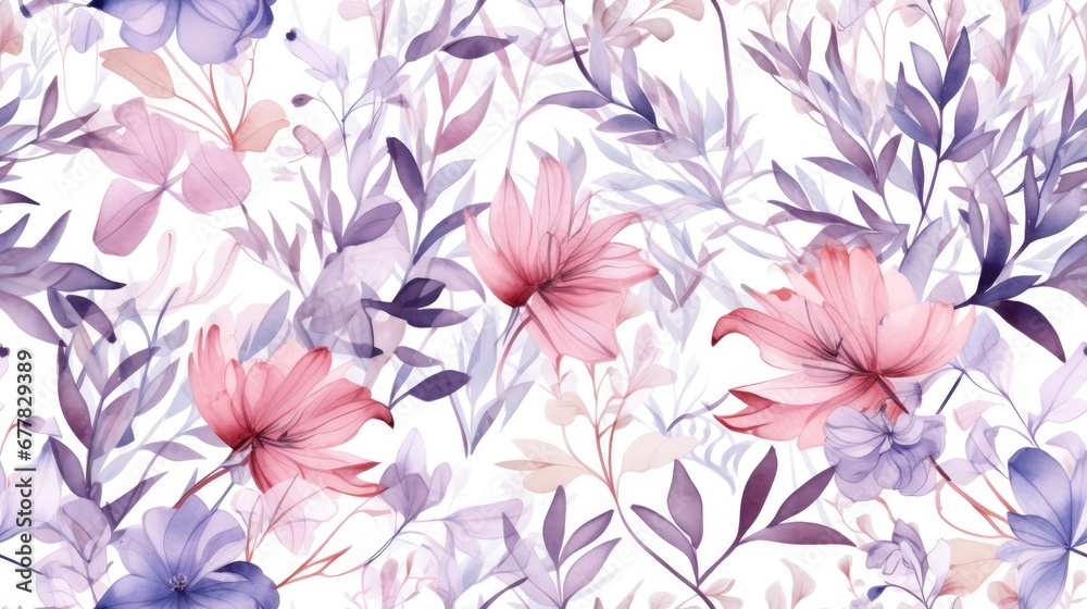  a watercolor painting of pink and purple flowers and leaves on a white background with pink and purple flowers on a white background.