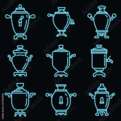 Russian samovar icons set. Outline set of russian samovar vector icons neon color on black