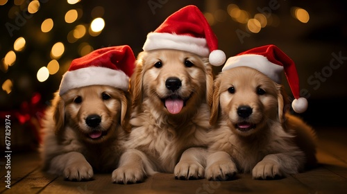 Adorable Christmas Puppies with Santa Hats. Generative Ai © country