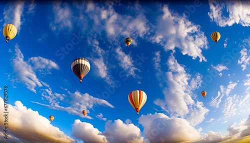 Multi colored hot air balloon flying mid air over vibrant landscape generated by AI