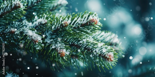 Green Christmas tree branch covered with snow. Merry Christmas. Generative AI