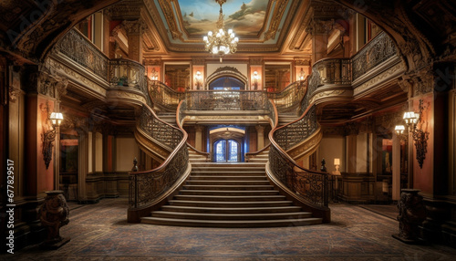 Luxury staircase in an old, elegant, illuminated library of history generated by AI