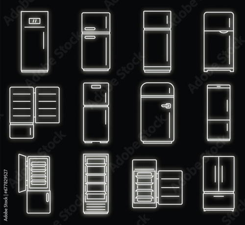 Modern fridge icons set. Outline set of modern fridge vector icons neon color on black