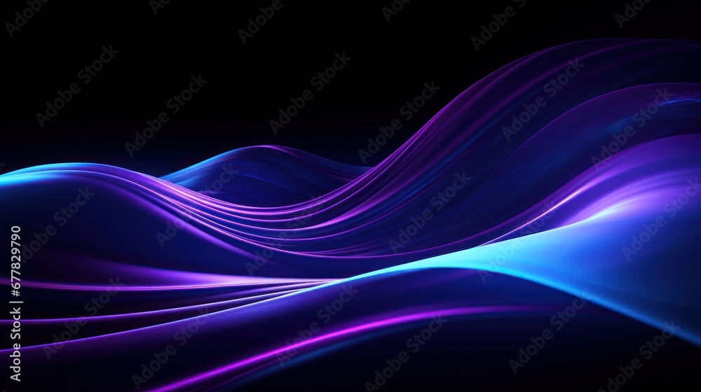 Fototapeta premium Intricate blue wave patterns interwoven with meandering purple lines against a backdrop of black.