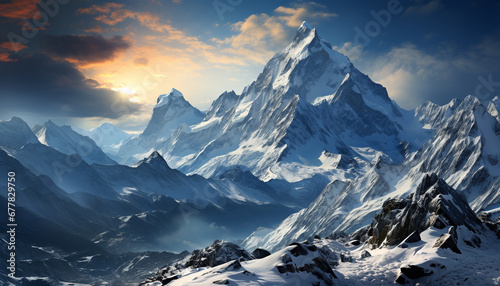 Majestic mountain peak, nature panoramic beauty generated by AI