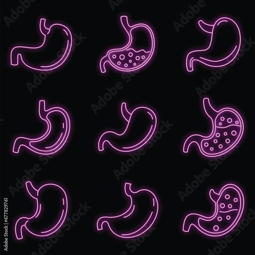 Human stomach icons set. Outline set of human stomach vector icons neon color on black