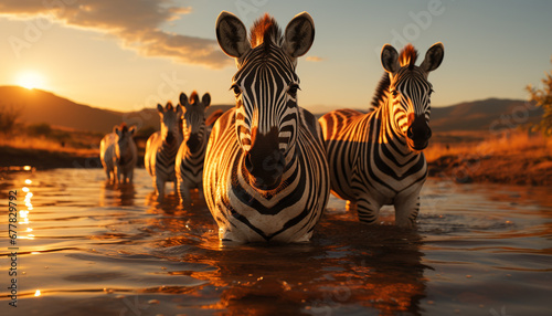 Zebra family standing in the African sunset generated by AI