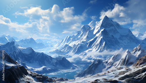 Majestic mountain peak, snow covered, tranquil scene generated by AI