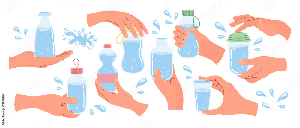 Hands hold containers of water. Glasses, bottles with clean water. Clipart set. Vector