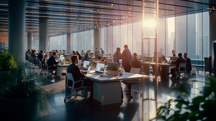 People working in a modern office with large windows located in the financial district. Corporate architecture