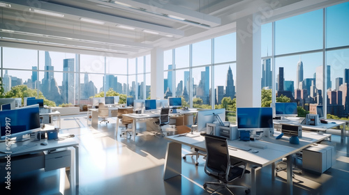 Very bright modern open office without people with large windows from which you can see large buildings. Corporate architecture photo