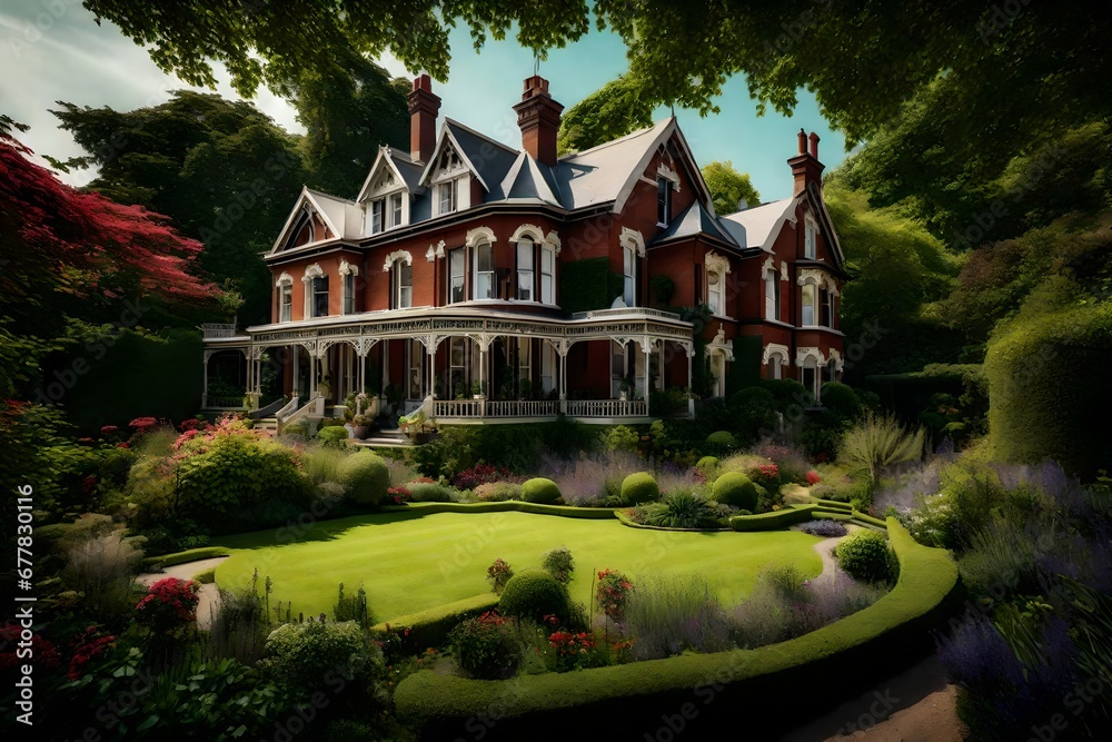 A Victorian era home's lush garden, meticulously landscaped in the Victorian tradition, offering a glimpse into the past A Victorian era home's lush garden, meticulously landscaped in the Victorian tradition, offering a glimpse into the past