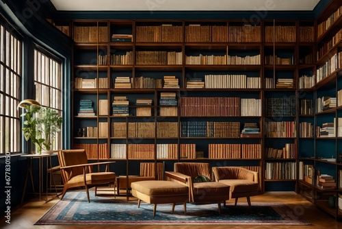 A mid-century modern home's vintage library, adorned with classic bookshelves and retro design elements
