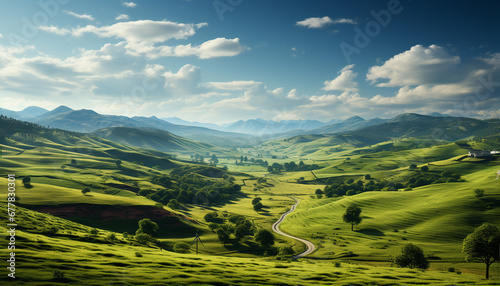 Green meadow  blue sky  mountain peak  tranquil scene generated by AI