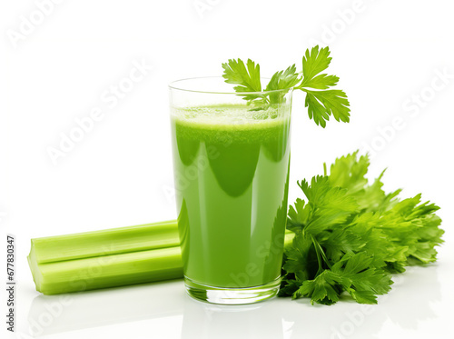 Glass of fresh celery juice on white background