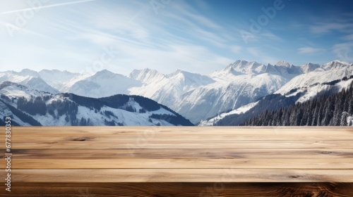 wooden tables next to beautiful snowy landscapes
