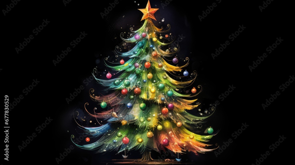  a brightly colored christmas tree on a black background with a star on the top of the tree and a star on the bottom of the tree.