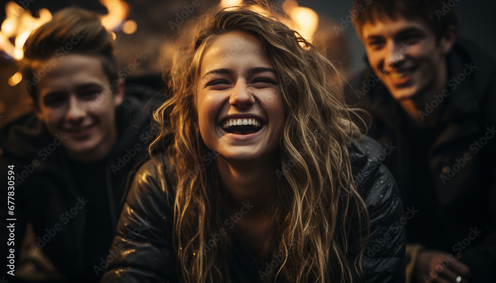 Smiling men and women, young adults, outdoors, cheerful, fun, togetherness generated by AI Smiling men and women, young adults, outdoors, cheerful, fun, togetherness generated by AI
