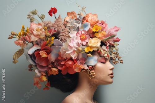 Serene Woman with Vibrant Floral Headdress © DigitalMuse