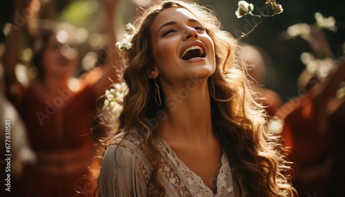 Smiling young woman enjoying nature beauty outdoors generated by AI
