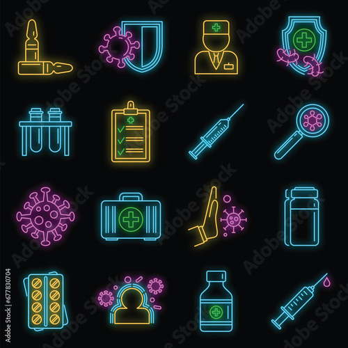 Medical immunization icons set. Outline set of medical immunization vector icons neon color on black