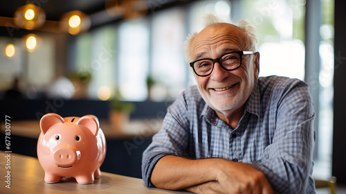 Happy senior man wearing glasses saving money for retirement with a piggy bank photo