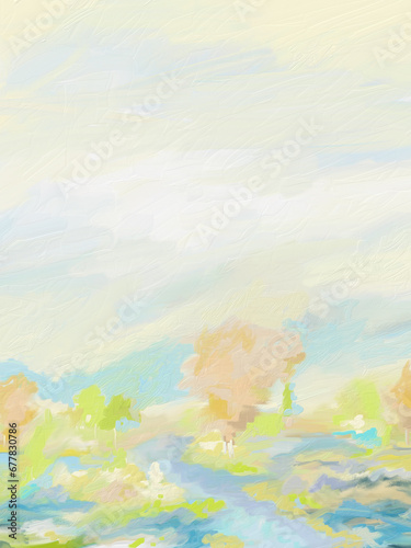 Impressionistic Soft Pastel Landscape with Creek Stream or Brook and Soft Autumn Orange Tree Leaves, Art, Artwork, Illustration, Design, Or Digital Painting